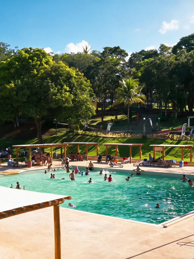 Resort com piscina e palmeiras